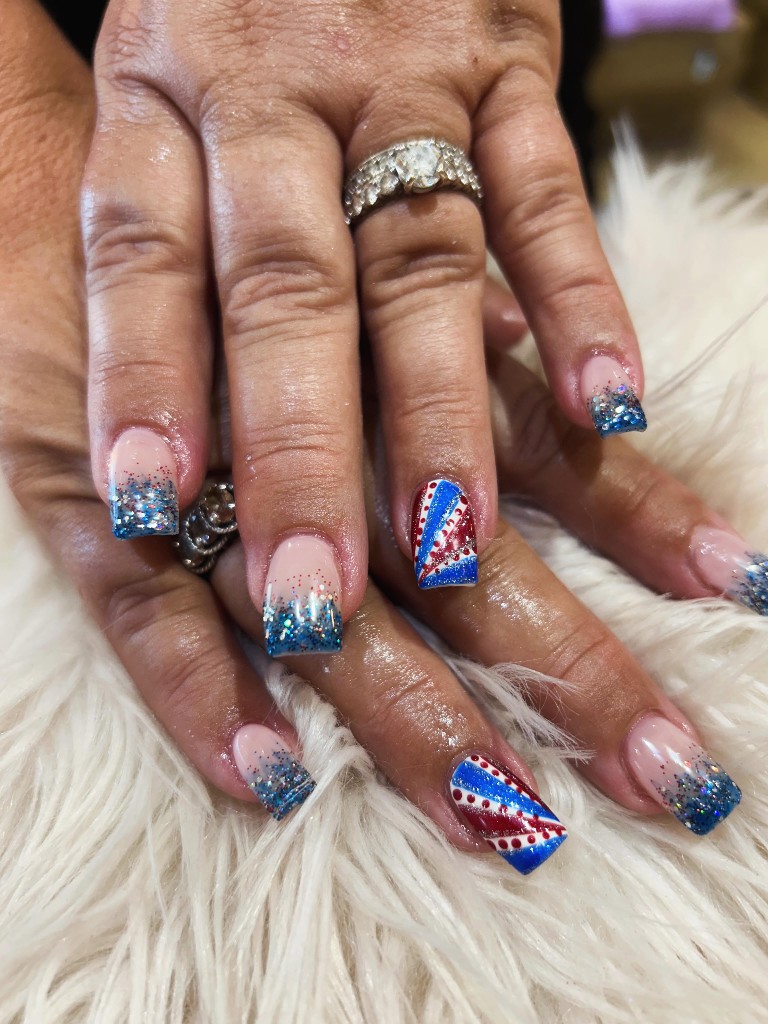 Glossy manicure with hand-painted accents