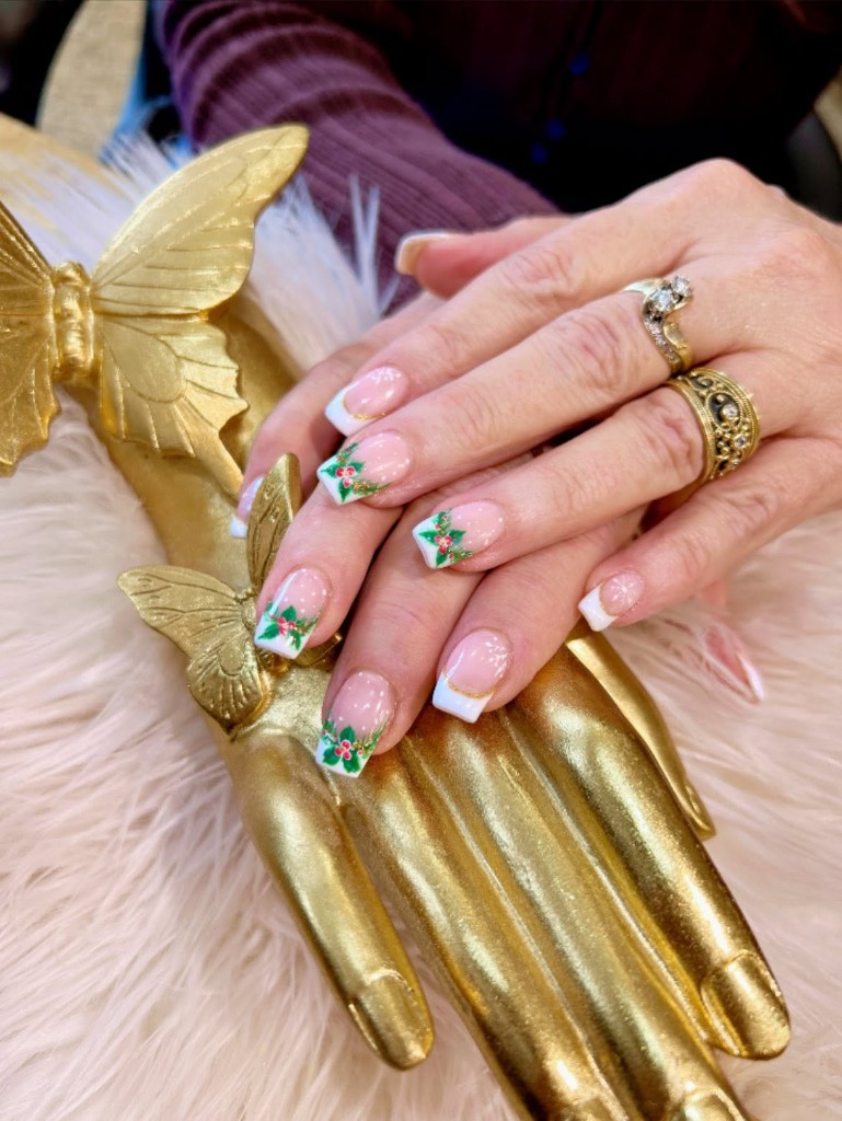 French tips with holly and snowflake holiday accents