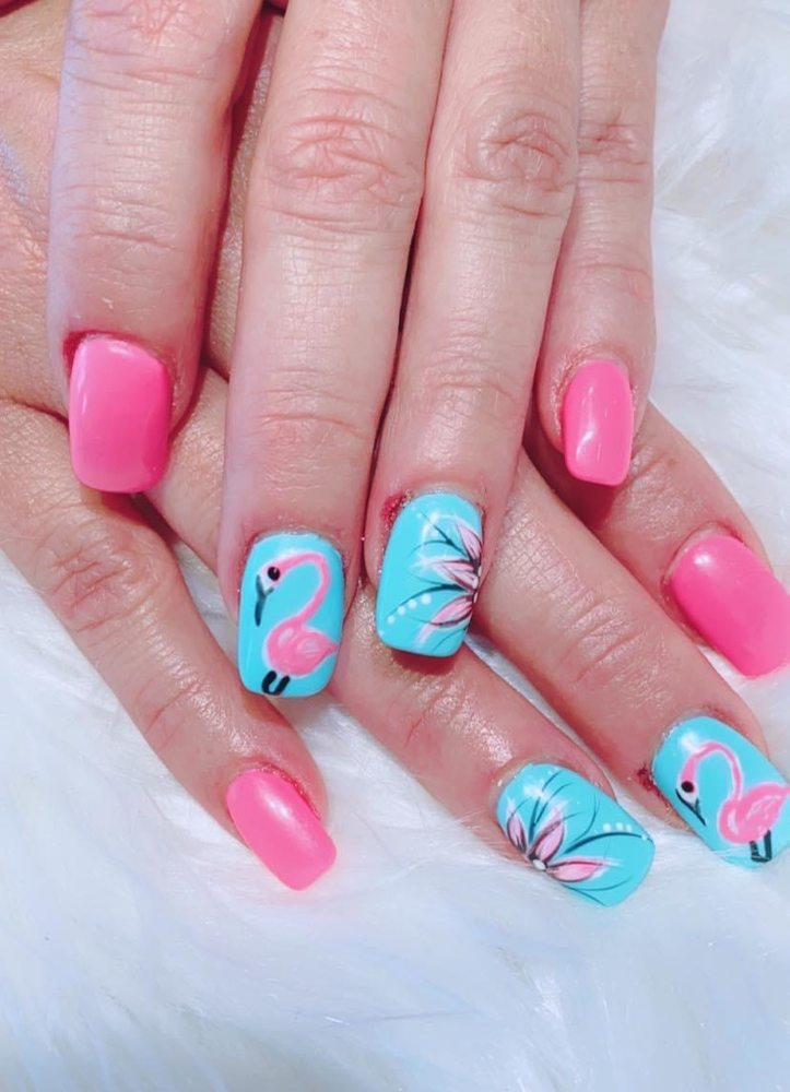 Tropical sunset ombre nails with palm silhouettes
